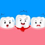 Cute cartoon tooth character with gum problem. Dental care concept, gingivitis and bleeding. Illustration