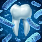 Dental hygiene as an oral health symbol with a single molar and a group of three dimensional bacteria causing tooth disease destroying enamel resulting in cavities and gum disease on a white background.